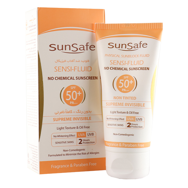 فلوئید ضد آفتاب بی رنگ فیزیکال SPF50 پوست حساس سان سیف