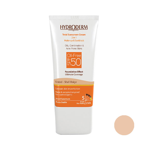 کرم ضد آفتاب SPF50 فاقد چربی با پوشش کرم پودری بژ صدفی هیدرودرم 40 میلی لیتر