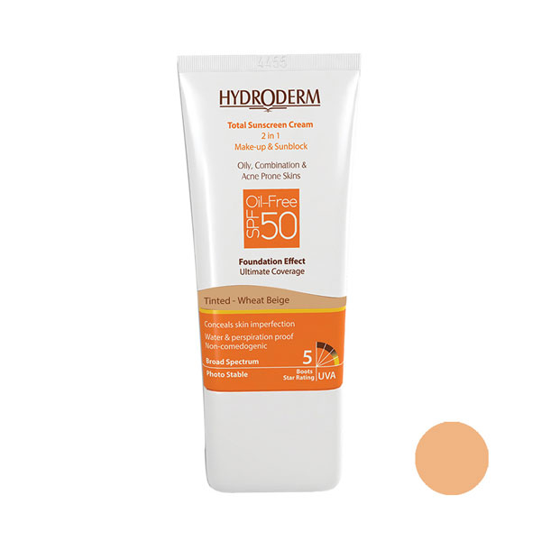 کرم ضد آفتاب SPF50 فاقد چربی با پوشش کرم پودری بژ گندمی هیدرودرم 40 میلی لیتر