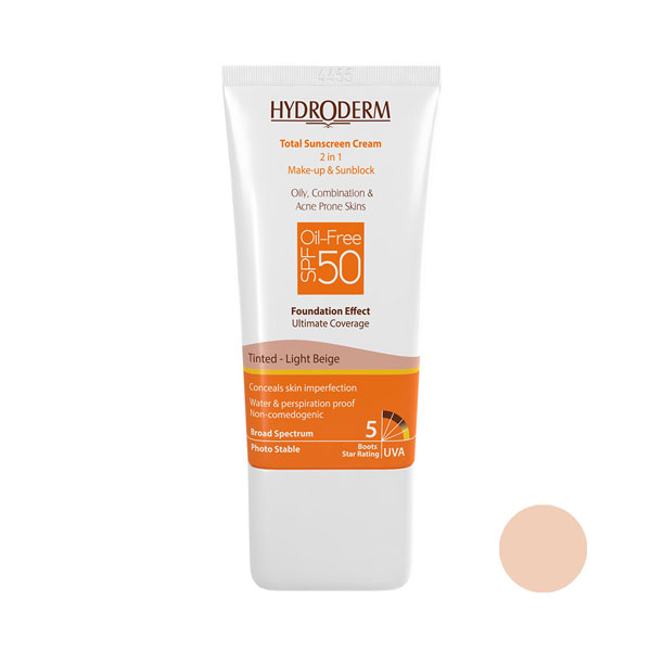 کرم ضد آفتاب SPF50 فاقد چربی با پوشش کرم پودری بژ روشن هیدرودرم 40 میلی لیتر